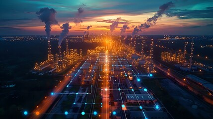 Twilight Aerial View of Industrial Complex with Digital Overlay