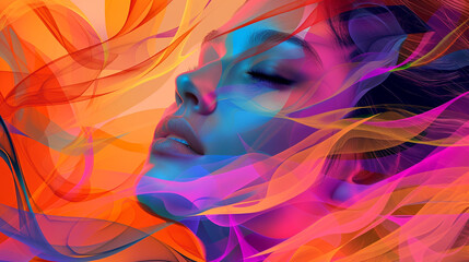 A mesmerizing digital artwork combining geometric shapes and vibrant colors to create an abstract representation of female empowerment and strength