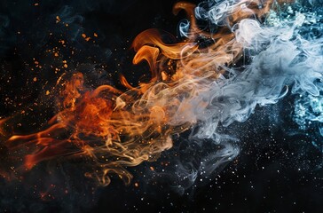 smoke, fire and ice, particles flying flying around on a black background in the style of an abstract piece. 
