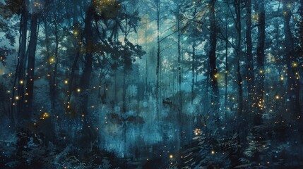 Obraz premium A mixed media artwork combining photography and painting to create a realistic yet fantastical depiction of a forest at twilight, illuminated by fireflies and fairy lights.