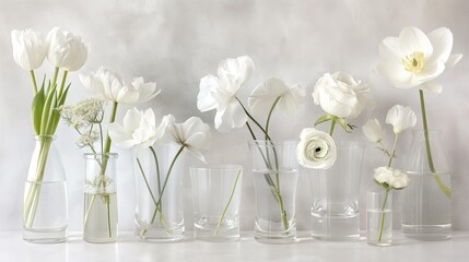 white flowers arranged in glass vases, their delicate petals bathed in soft natural light, evoking a sense of purity and tranquility.