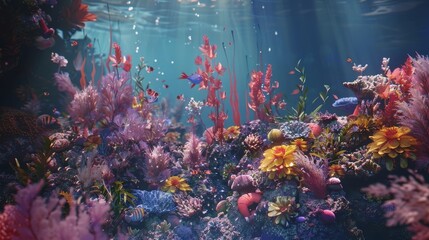 Captivating Underwater Botanical Oasis:Vibrant Coral Reef and Marine Life in Cinematic Splendor