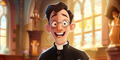 A cartoon priest stands inside a church