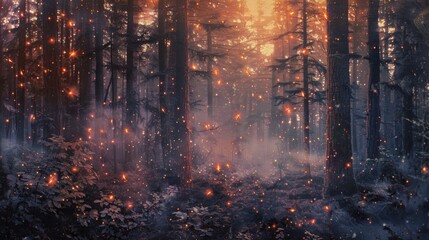 Fototapeta premium A mixed media artwork combining photography and painting to create a realistic yet fantastical depiction of a forest at twilight, illuminated by fireflies and fairy lights.