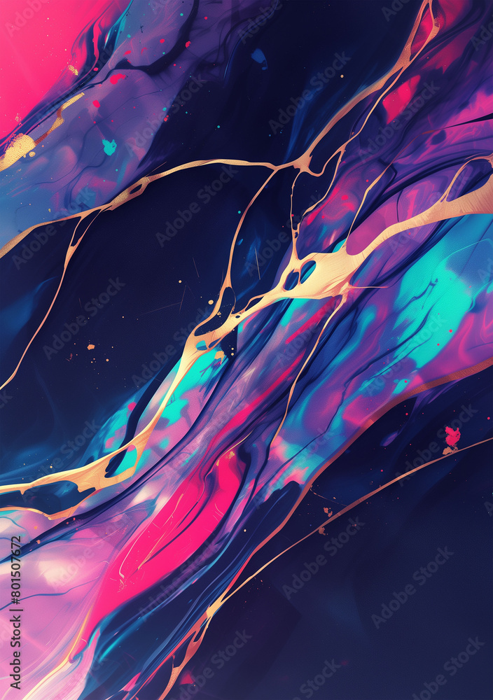 Poster abstract background with neon splash marble pattern and splattered paint details