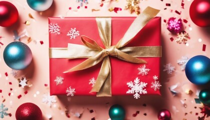 'view space snowflake colorful flat balls top background gift lay confetti paper Christmas copy Image decorative ribbon has blue holiday card corporate 2021 decoration present'