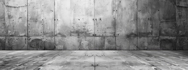 Blackandwhite photo of a concrete room with wooden flooring