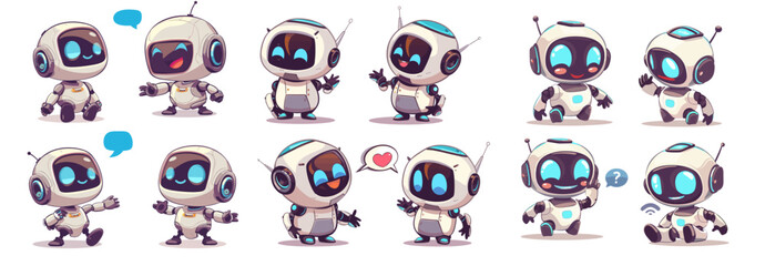 Cute cartoon robot character with different facial expressions. Vector illustration.