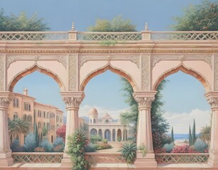 Obraz premium Beautiful Indian Mughal arch, palace, peacocks, parrot, garden, clouds, birds, and fountain illustration for wallpaper.