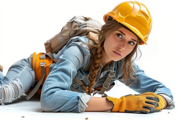 Female construction worker lying on ground