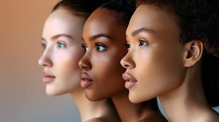 Four women with different skin tones stand side by side. Concept of unity and diversity,...