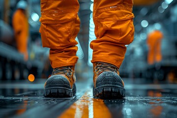 Close-up of worker's boots on a wet industrial floor