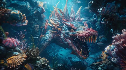 Naklejka na ściany i meble Fearsome Mythical Sea Creature Lurking in a Vibrant Underwater Coral Reef Landscape