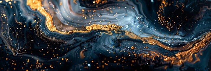 A painting of a wave with gold and blue colors