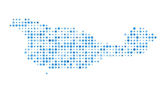 Santa Cruz Island dotted digital map. Map of Santa Cruz Island with pulsating colored circles. Shape filled with blue disks. Astonishing video.