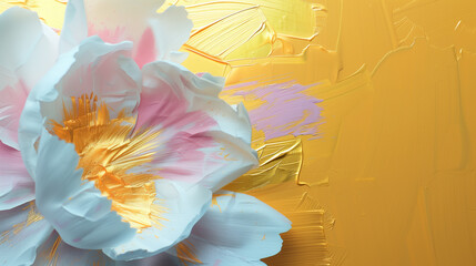 Elegant Blossom Abstract Art: Delicate White and Pink Floral Brush Strokes on a Golden Textured Background