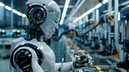 Fototapeta premium A humanoid robot performing routine checks and repairs on industrial machinery