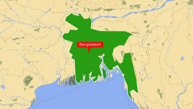 Animated Bangladesh map highlighted Green color zooming from top Space view. Asia Continent Country Bangladesh border with india and myanmar Detailed political country 3d map animation.