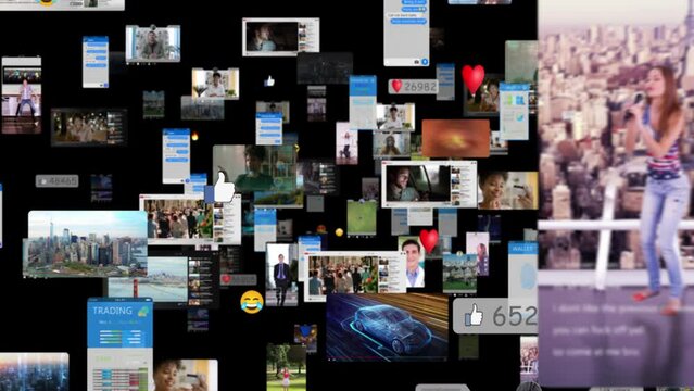 Social Network Concept with Blockchain Architecture Visualization of a Metaverse Big Data with Viral Videos, Advertising, Social Media Profiles with Influencers. Alpha Matte.