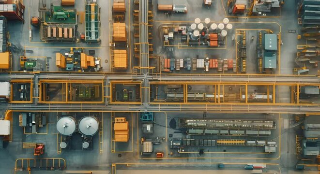 Birdseye view of factory with dat. Concept Aerial Photography, Industrial Architecture, Drone Footage, Manufacturing Process, Factory Operations