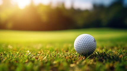 Obraz premium Golf ball on green grass ready for golf in beautiful golf course at sunset.