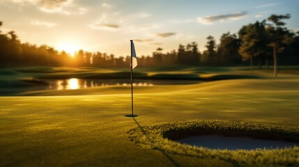 golf ball on the green of a beautiful golf course at sunset