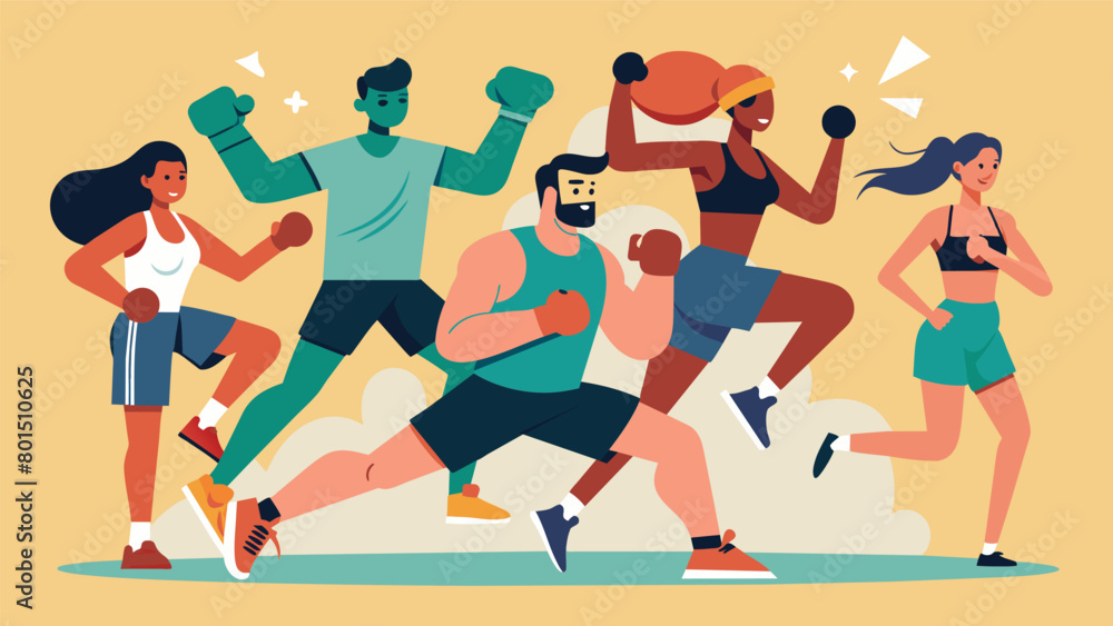 Poster a group of athletes crosstraining with kickboxing improving their agility and coordination while als