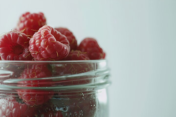 Raspberries close up in a simple glass jar. White background. High quality photo