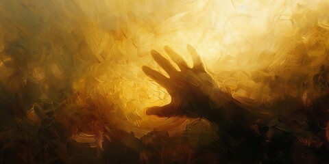 Painting of a persons hands reaching upwards against the sky
