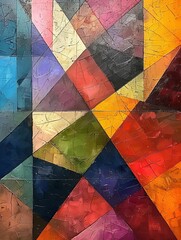 An abstract painting with a variety of bright colors and geometric shapes.