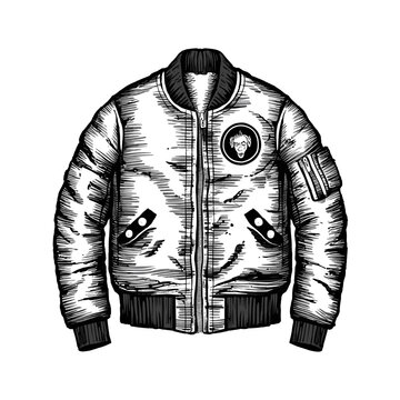 recommend clip art: Bomber jacket ink sketch drawing, black and white, engraving style vector illustration