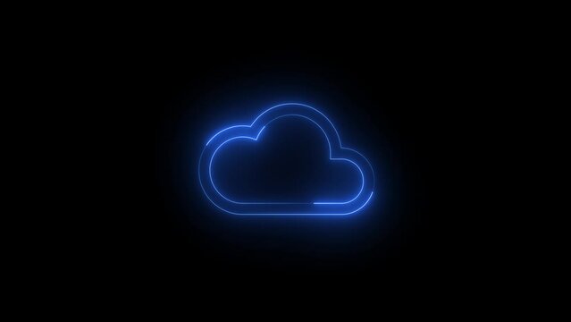 Neon glowing blue color cloud icon on black background animation