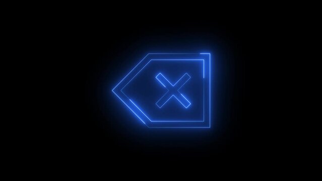 Neon glowing blue color backspace icon on black background animation