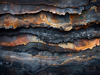 Scorched Metallic Abstract Landscape of Molten Layers Cooling in Dramatic Forge-like Environment