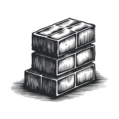 Brick engraved style ink sketch drawing, black and white vector illustration