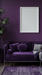 A splash of deep purple adds richness to a minimalist interior, with a sleek sofa and an empty white frame providing a backdrop for personalization.