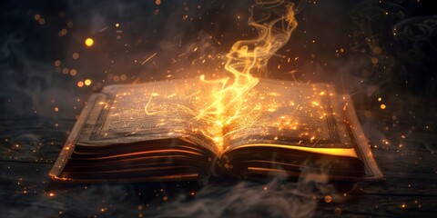 An open spellbook with a flames bursting out of its pages