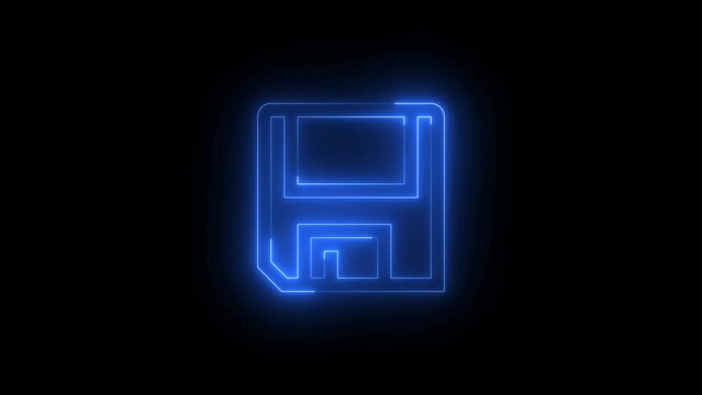 Neon glowing blue color save icon on black background animation