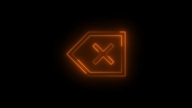 Neon glowing brown color backspace icon on black background animation