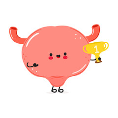 Cute funny Bladder hold gold trophy cup. Vector hand drawn cartoon kawaii character illustration icon. Isolated on white background. Bladder with winner trophy cup