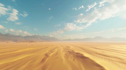 An expansive desert landscape, where the golden sands stretch endlessly, framing a solitary blank canvas under the boundless sky