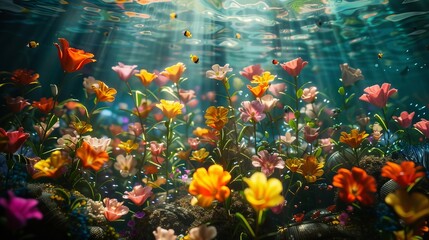 Vibrant Underwater Floral Landscape with Glowing Marine Life in a Serene Aquatic Ecosystem