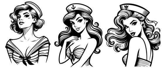 sailor pin-up girl, vintage comic style, black silhouette vector, beauty woman cartoon print, retro clipart pin up illustration - obrazy, fototapety, plakaty