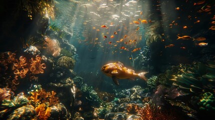 Vibrant Underwater Realm:Captivating Coral Reef and Vibrant Marine Life in Sunlit Ocean Depths