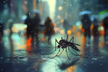 Close up photo of a dengue mosquitoe sitting on the wet road with the cityscape blurred background with buildings, people and lights - obrazy, fototapety, plakaty