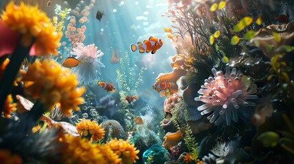 Fototapeta na wymiar Vibrant Underwater Wonderland of Diverse Marine Life and Captivating Coral Reef Formations