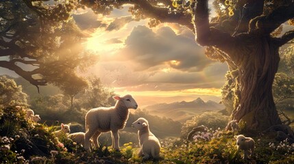 a beautiful meadow bathed in sunlight, where playful lambs frolic and interact with each other in a...