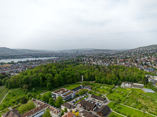 Aerial view of Swiss City of Zürich with skyline and Lake Zürich on a cloudy spring afternoon....
