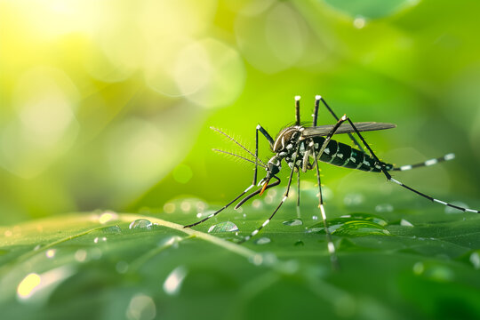 Photo of a dengue mosquitoe sitting on a leave with water drops and green blurry background, dengue prevention template design