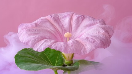   A pink flower with a green leaf, positioned in front of a solid pink backdrop Smoke emerges from beneath the bloom